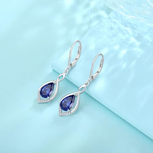 Infinity Teardrop Earrings 925 Sterling Silver Dangle Drop Leverback Earrings Birthstone Jewelry for Women - color: Violet Blue