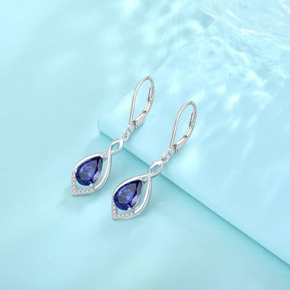 Infinity Teardrop Earrings 925 Sterling Silver Dangle Drop Leverback Earrings Birthstone Jewelry for Women - color: Violet Blue