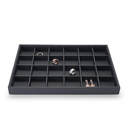 Oirlv Black Leather Jewelry Tray 24-Grid | 13.78"X9.45"X1.18" Tray with 24 Grid Inserts, Soft Velvet Lining, Perfect for Pendants and Earrings, Stackable Design - style: P01703