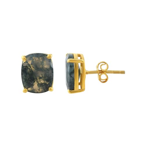 Women's 18K Gold Plated 8x10mm Princess Cut Gemstone Stud Earrings – Birthstone Jewelry for Her – Classic Cushion Studs - color: Moss Agate