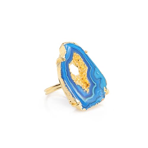 Ring Geode Druzy Slice Unique And Stylish Statement Gold Plated Jewelry Natural Gemstone Stone size 25-35 mm Approximately Adjustable Shank US Scale Size 6-9 - color: Aqua