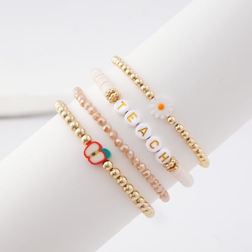 GOOJIDS Surfer Heishi Clay Bead Bracelets for Women Bohemian Stackable Gold Plated Beaded Stretch Bracelets Elastic Layering Friendship Bracelets Set Boho Jewelry - color: D-Teach Bracelet