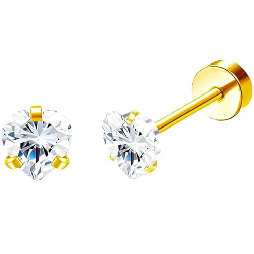 Stainless Steel Stud Earring 1 Pair Gold Flatback Earrings Hypoallergenic Screwback Jewellery Flat Back Helix Jewelry for Sensitive Ears Women Ladies Aretes De Mujer - style: Zircon Heart