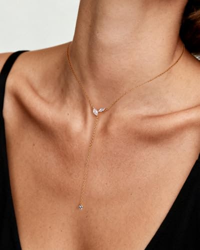 14k Gold Plated Y-Shaped Lariat Necklace for Women Dainty Cubic Zirconia Long Drop Necklace Elegant Jewelry Gifts for Prom Vacation
