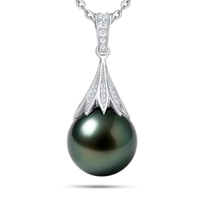 Genuine Tahitian Black Pearl Necklaces for Women, 9-12mm AAAA Seawater Pearl - Sterling Silver Moissanite Pendant, Wedding Anniversary, Birthday, Christmas Gift for Wife, Mom, Girlfriend, Fine Jewelry - size: 11-12mm, style: Foliate Drop