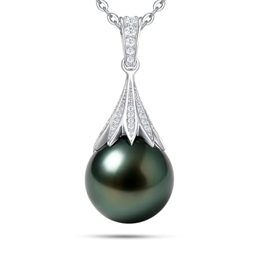 Genuine Tahitian Black Pearl Necklaces for Women, 9-12mm AAAA Seawater Pearl - Sterling Silver Moissanite Pendant, Wedding Anniversary, Birthday, Christmas Gift for Wife, Mom, Girlfriend, Fine Jewelry - size: 11-12mm, style: Foliate Drop