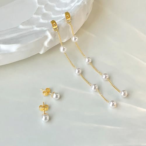 Pearl Earrings for Women 14k Gold/Silver Pearl Drop Earrings Long White Pearl Tassel Dangle Statement Earrings Bridal Wedding Dainty Prom Earrings Birthday Gifts Jewelry - color: 6MM Gold Pearl Drop Earrings