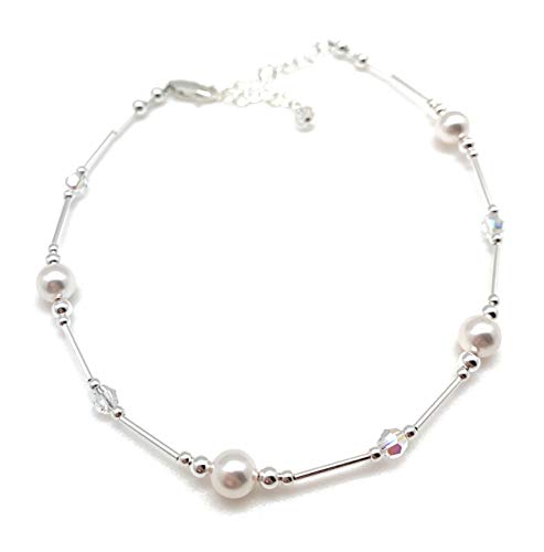 Anklet White Pearl & Iridescent Crystal Sterling Silver Beach Wedding Bridesmaid Anniversary Gift - style: Large 9 1/2 to 11"