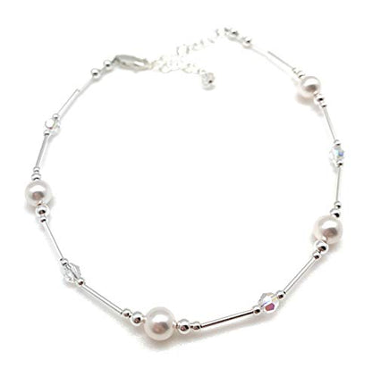 Anklet White Pearl & Iridescent Crystal Sterling Silver Beach Wedding Bridesmaid Anniversary Gift - style: Large 9 1/2 to 11"
