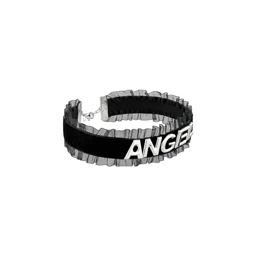 Women's Black Velvet Lace Letter Choker Collar for Halloween, 15-inch | Made of Velvet Lace Ribbon and Silver Letter Charms, Lobster-claw Closure, Daily Gothic Style, Avoid Water & Perfume - color: ANGEL