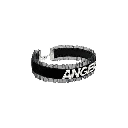 Women's Black Velvet Lace Letter Choker Collar for Halloween, 15-inch | Made of Velvet Lace Ribbon and Silver Letter Charms, Lobster-claw Closure, Daily Gothic Style, Avoid Water & Perfume - color: ANGEL