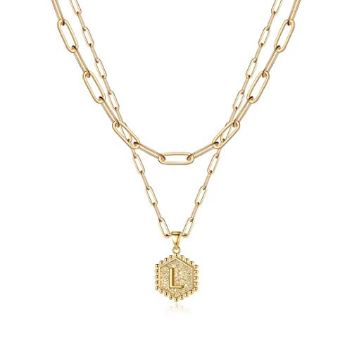 M MOOHAM Dainty Initial Necklaces for Women, 14K-Gold-Plated Layering Necklace for Women Cute Hexagon Letter Initial Necklace Layered Necklaces for Womens Teen Girl Gifts - color: 14K-Gold-Plated, style: L