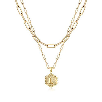 M MOOHAM Dainty Initial Necklaces for Women, 14K-Gold-Plated Layering Necklace for Women Cute Hexagon Letter Initial Necklace Layered Necklaces for Womens Teen Girl Gifts - color: 14K-Gold-Plated, style: L