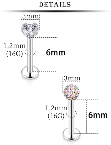 16G Lip Labret Medusa Rings Studs Internally Threaded 316L Surgical Steel Snake Bite Lip Rings Flat Back Catilage Tragus Helix Daith Earrings Piercings Jewelry for Women Men 8mm - color: 16G-6mm Bars