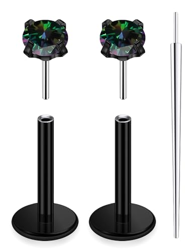20G 18G 16G Threadless Nose Rings Studs Flat Back Earrings Surgical Stainless Steel CZ Nose Rings Stud Tragus Helix Conch Cartilage Earrings Stud Piercing Jewelry For Women Men Hypoallergenic - color: Black-Rainbow CZ, size: 18 Gauge-6mm Bar-2mm CZ