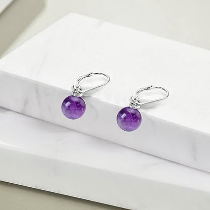 925 Sterling Silver Pearl Leverback Earrings Dangle Drop Jewelry Gifts for Women - style: Amethyst