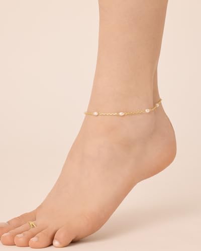 PAVOI 14K Gold Plated Anklet for Women - Trendy Link Chain Ankle Bracelet Summer Jewelry - Boho Dainty Anklets with Cubic Zirconia, Beaded, Evil Eye, Star, Station, Pearls Adjustable Gold Jewelry - style: Pearl Station