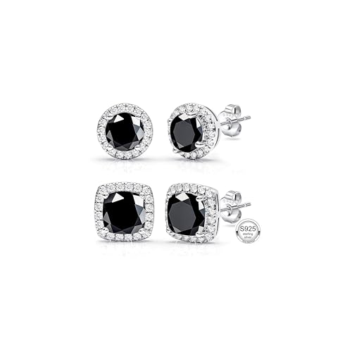 2 Pairs S925 Sterling Silver Stud Earrings for Women Halo Cubic Zirconia | 14K Gold Plated Hypoallergenic Non Tarnish Round Square Silver Stud Earring for Women Men Dainty Trendy Jewelry - style: Silver-Black Stone