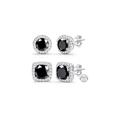 2 Pairs S925 Sterling Silver Stud Earrings for Women Halo Cubic Zirconia | 14K Gold Plated Hypoallergenic Non Tarnish Round Square Silver Stud Earring for Women Men Dainty Trendy Jewelry - style: Silver-Black Stone