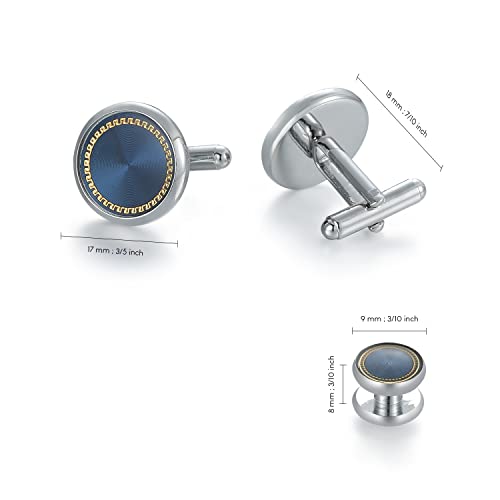wynameleri Mens Cufflinks and Studs Set Blanks Round 4 Colors Shirt Tuxedo Buttons Packed in Cufflink Box for Business Wedding Jewelry - color: Blue