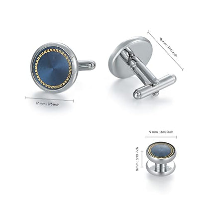 wynameleri Mens Cufflinks and Studs Set Blanks Round 4 Colors Shirt Tuxedo Buttons Packed in Cufflink Box for Business Wedding Jewelry - color: Blue