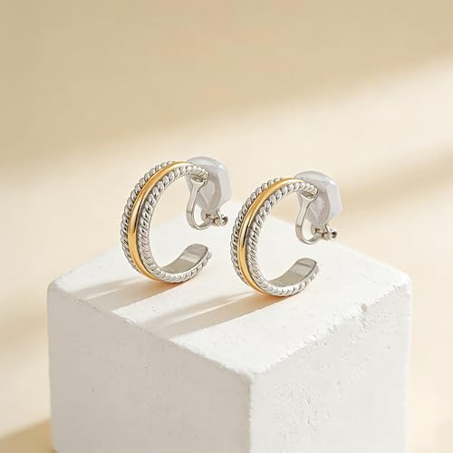 Clip on Earrings for Women Silver and Gold Plated Twisted Rope Hoops Non Pierced C Hoop Earring Lightweight Two Tone Clips Mixed Metal Jewelry Gifts - color: Twisted Hoop-silver&gold