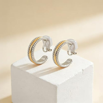 Clip on Earrings for Women Silver and Gold Plated Twisted Rope Hoops Non Pierced C Hoop Earring Lightweight Two Tone Clips Mixed Metal Jewelry Gifts - color: Twisted Hoop-silver&gold