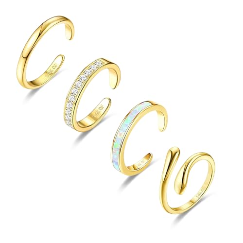 LOFITOR 4PCS Gold Toe Rings for Women Non Tarnish Waterproof Toe Ring Set | 14K Gold Filled Dainty Stackable Cute Thin Adjustable Open Band Toe Ring Cz Foot Jewelry For Beach Summer Hawaiian - style: Opal Style
