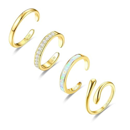 LOFITOR 4PCS Gold Toe Rings for Women Non Tarnish Waterproof Toe Ring Set | 14K Gold Filled Dainty Stackable Cute Thin Adjustable Open Band Toe Ring Cz Foot Jewelry For Beach Summer Hawaiian - style: Opal Style