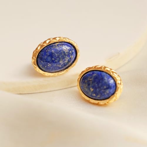 Gempires Bold Oval Gemstone Stud Earrings for Women – Natural Healing Stone Jewelry 14K Gold-Plated Hypoallergenic Tarnish-Resistant – Bold Statement Studs Gift for Her - style: Lapis Lazuli