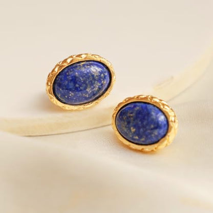 Gempires Bold Oval Gemstone Stud Earrings for Women – Natural Healing Stone Jewelry 14K Gold-Plated Hypoallergenic Tarnish-Resistant – Bold Statement Studs Gift for Her - style: Lapis Lazuli