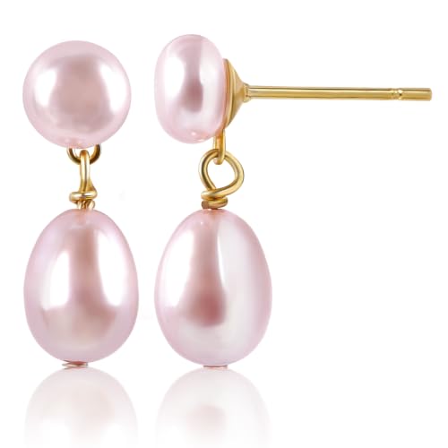 Petite Pearl Drop Earrings for Women - Real Freshwater Cultured Pearls Collection, S925 Sterling Silver Hypoallergenic Posts, 18K Gold Plated Dainty Jewelry - color: Pink