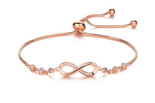 Nilu's Collection Infinity Shape Cubic Zirconia Diamond Bracelet for Women, Jewelry for Gift, Adjustable Charm Bracelet (Rose Gold Necklace + Bracelet) - color: Rose Gold