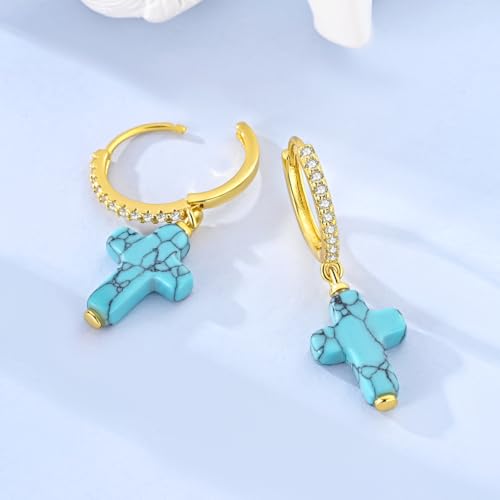 925 Sterling Silver Dangle Whale Shark Butterfly Bow Earrings for Women | Hypoallergenic Huggie Hoop Drop Cross Earrings for Sensitive Ears, Cubic Zirconia Statement Trendy Jewelry Birthday Gifts - color: Turquoise Cross Earring
