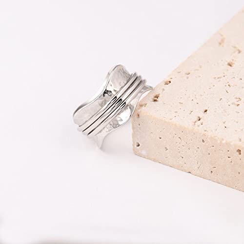 925 Sterling Silver Anxiety Ring with Beads Fidget Spinning Rings for Women Worry Beads Rings - color: hammered design D