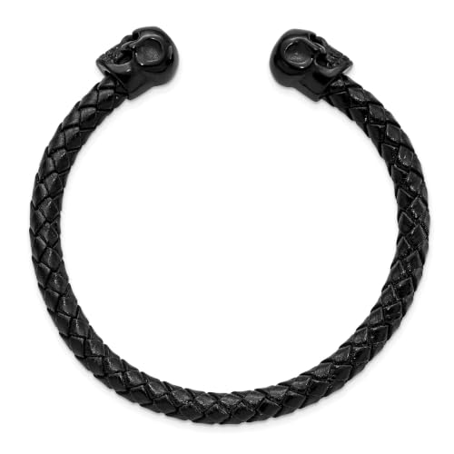 Chisel Skull Braided Leather Cuff Bangle in Stainless Steel