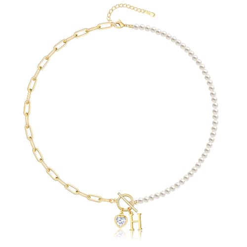 Initial Pearl Necklace for Women, 14K Gold Plated Paperclip Chain | Toggle Clasp, Heart CZ Initial Necklace,Gold Necklace for Women,Bridesmaid Wedding Gifts Jewelry - color: Gold-H