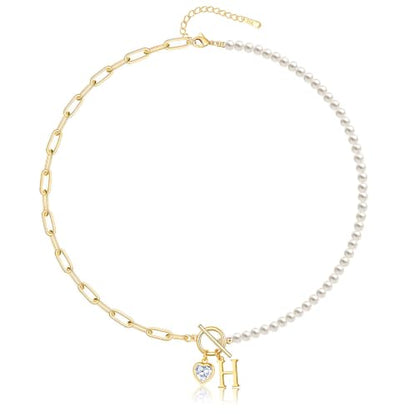 Initial Pearl Necklace for Women, 14K Gold Plated Paperclip Chain | Toggle Clasp, Heart CZ Initial Necklace,Gold Necklace for Women,Bridesmaid Wedding Gifts Jewelry - color: Gold-H