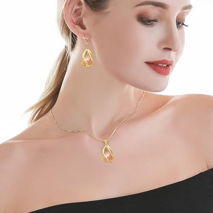 Pearl Jewelry Set For Women S925 Sterling Silver/14K Gold Plated Necklace & Earrings Set Freshwater Pearl Pendant Cage Set for Wedding Anniversary Prom Birthday Gift - color: Golden-Pink
