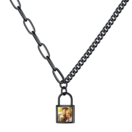 Custom4U Personalized Photo Necklace - Custom Heart/Oval/Round Charm Necklaces with Picture + Chain Adjustable - Stainless Steel/Acrylic Pendant Memorial Jewelry Christmas Gifts for Women - color: G-Black Color