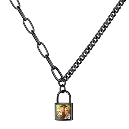 Custom4U Personalized Photo Necklace - Custom Heart/Oval/Round Charm Necklaces with Picture + Chain Adjustable - Stainless Steel/Acrylic Pendant Memorial Jewelry Christmas Gifts for Women - color: G-Black Color
