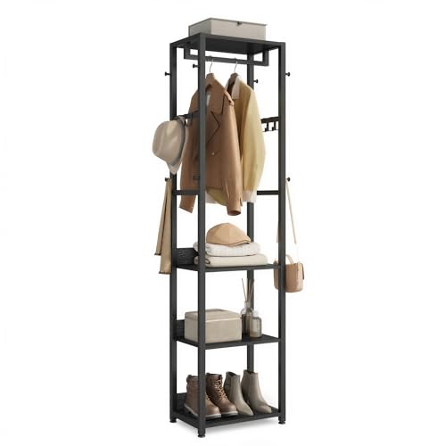 VASAGLE Coat Rack, Freestanding Hall Tree with Shelves, Hanging Rail, and Hooks, Space-Saving Coat Stand, Steel Frame, for Clothing, Bags, Hats, Ink Black and Charcoal Gray URCR061BD03 - color: Ink Black + Charcoal Gray, style: Industrial