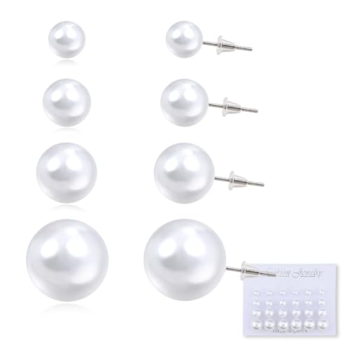 Pearl Stud Earrings for Women Elegant Trendy Round Cubic Zirconia Earrings Studs Pearl Cz Studs Earring for Women - color: white