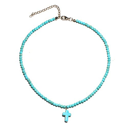 Small Dainty Cross Necklace Pendant Bohemian Turquoise Seed Bead Beaded Necklace Choker for Women Men Faith Jewelry Gift - color: 01 Blue