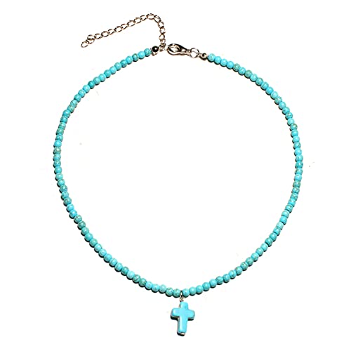 Small Dainty Cross Necklace Pendant Bohemian Turquoise Seed Bead Beaded Necklace Choker for Women Men Faith Jewelry Gift - color: 01 Blue