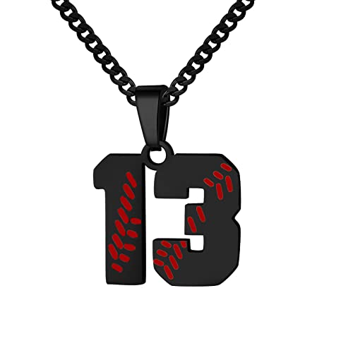 Hatti Doris Baseball Number Necklace for Men 00-99 - Jersey Number Necklace with Stainless Steel Gold Plated Chain & Baseball Charm Pendant - color: Black, style: 13