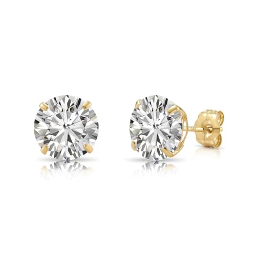 14k Yellow Gold Solitaire Round Cubic Zirconia Stud Earrings - Pushbacks - style: 8mm