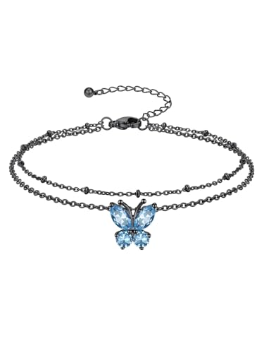 Richsteel Double Layer Heart/Butterfly Birthstone Anklet for Women | Non Tarnish Waterproof, Silver/Gold/Black Stainless Steel 8.5-10.5 Inch Adjustable Chain Anklets Summer Beach Foot Jewelry - color: Black Butterfly-03 Mar.(Aquamarine)