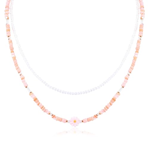 Layered Colorful Beaded Necklace for Women Bohemian Cute Seed Beads Choker Necklace with Dangle Glass Beads Pink Daisy Charm Adjustable Chain Handmade Boho Party Summer Y2K Jewelry Gift for Women