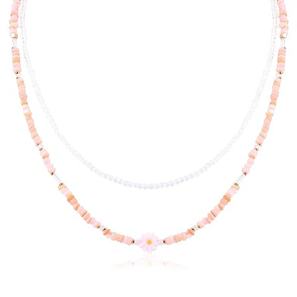 Layered Colorful Beaded Necklace for Women Bohemian Cute Seed Beads Choker Necklace with Dangle Glass Beads Pink Daisy Charm Adjustable Chain Handmade Boho Party Summer Y2K Jewelry Gift for Women